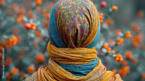 Floral Scarf, Yellow and Blue Scarf, Paisley Scarf, Flowered Head Wrap. photo