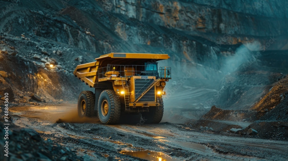 Large quarry dump truck. Big yellow mining truck at work site. Loading coal into body truck. Production useful minerals. Mining truck mining machinery to transport coal from open-pit production Large quarry dump truck. Big yellow mining truck at work site. Loading coal into body truck. Production useful minerals. Mining truck mining machinery to transport coal from open-pit production