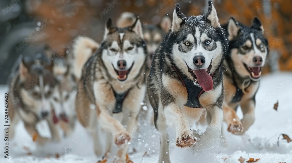European sled dogs running on musher 's race.