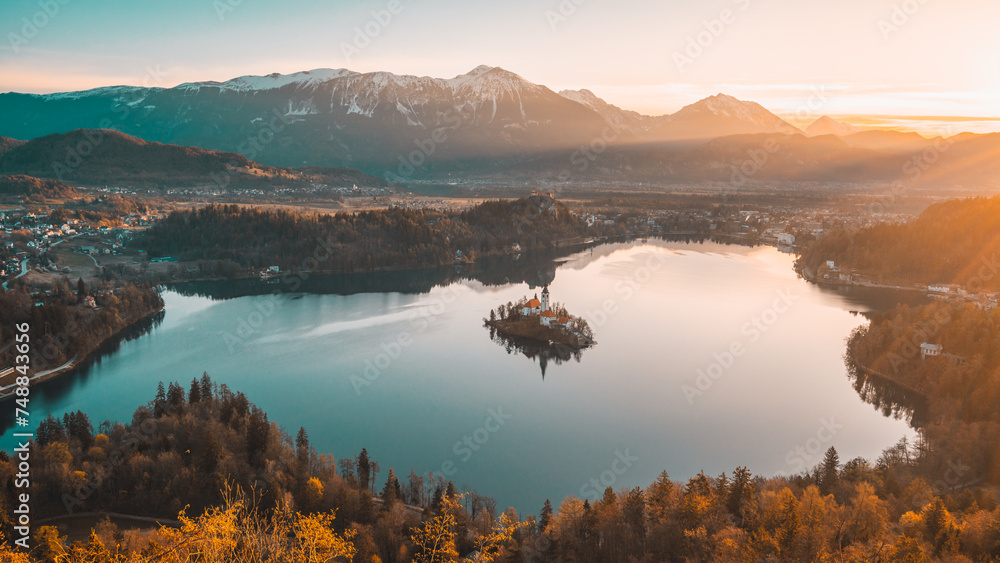 Scenic view of Lake Bled in Slovenia. Island with church in the middle of the lake.