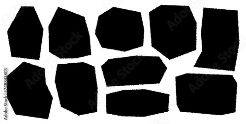 Black silhouette irregular shapes isolated on white background. Set of rough torn paper different geometric shapes with ragged edges photo