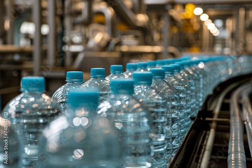 Production and bottling of clean and healthy water in a bottled water production plant. Conveyor with bottles.  