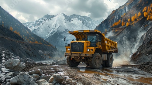 Large quarry dump truck. Big yellow mining truck at work site. Loading coal into body truck. Production useful minerals. Mining truck mining machinery to transport coal from open-pit production © Nataliya
