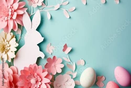 An Easter bunny and eggs cut out of colored paper with flowers. Easter celebration concept, with copyspace	 photo