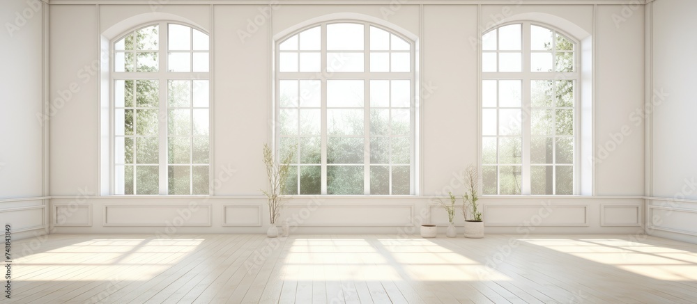 Fototapeta premium This image features an empty room with three large windows that let in abundant natural light. In the center, there is a simple yet elegant vase, adding a touch of minimalistic decor to the space.