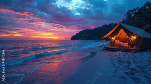 Exotic Tropical Paradise tent over the beach at sunset with worm summer sky. Landscape Seascape, Amazing beach scene vacation and summer holiday concept.