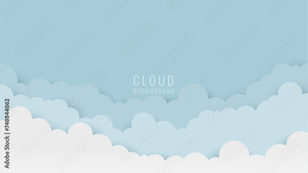 Cloudy sky background. Cloud with the blue sky and blank space for text. Paper cut and craft style illustration
