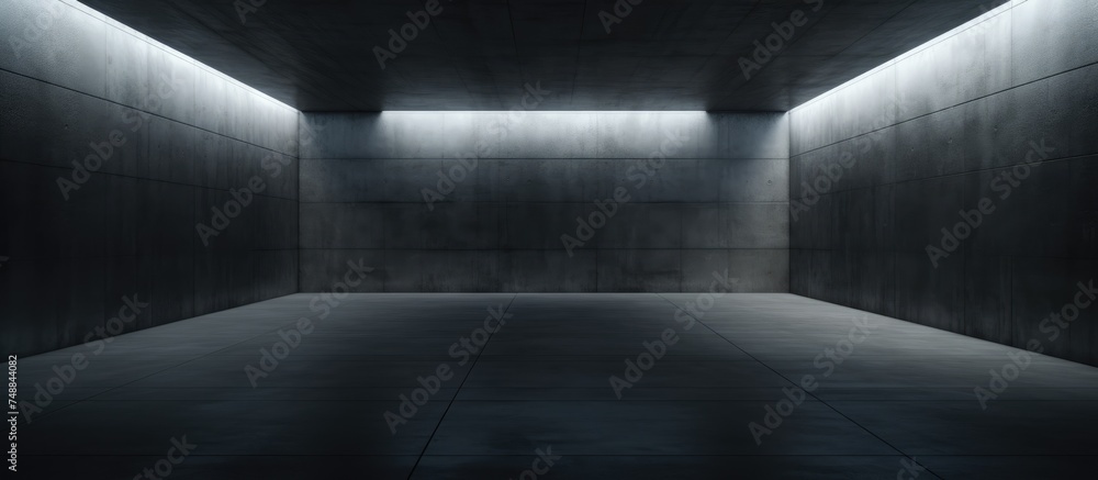 Obraz premium The room is dimly lit, revealing its concrete walls and floor. The minimalistic architecture creates an abstract and industrial atmosphere, with no visible furniture or occupants.