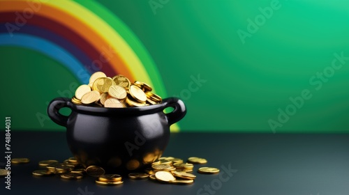 Pot of gold coins with shamrocks on a green background with rainbow.