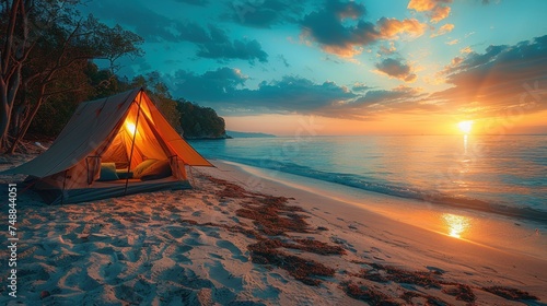 Exotic Tropical Paradise tent over the beach at sunset with worm summer sky. Landscape Seascape, Amazing beach scene vacation and summer holiday concept.