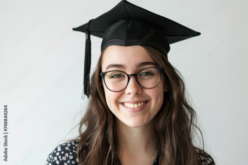 Basking in the glow of success, a jubilant graduate stands against a pristine white background, adorned in the iconic mortarboard and gown, symbolizing their accomplishment. Basking in the glow of success, a jubilant graduate stands against a pristine white background, adorned in the iconic mortarboard and gown, symbolizing their accomplishment.