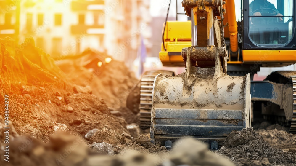 Backhoe on construction site. The backhoe's operator uses the machine's extendable arm to reach difficult areas. Backhoe on construction site. The backhoe's operator uses the machine's extendable arm to reach difficult areas.