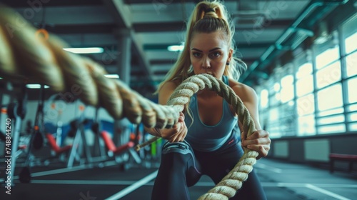 Athletic young woman with battle rope doing exercise in functional training fitness gym