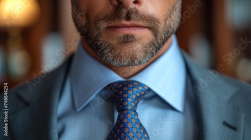 Businessman with a blue tie and gray suit., A man in a dress shirt and tie looking serious., Professional attire on a man with a stern expression., A well-dressed gentleman staring into the camera.. photo