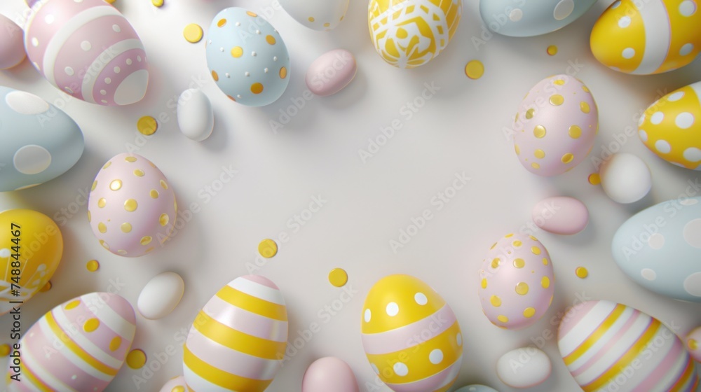 Beautiful easter eggs are making a rectangle, flat lay, 3D, white background, copy space in the middle,