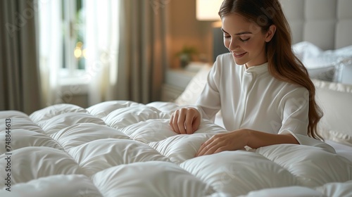 Happy woman with long red hair is folding bedding set on the bed of room with copy space. Organic textile manufacture.