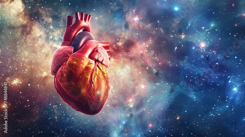 A detailed digital illustration of a human heart set against a sparkling cosmic background