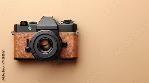 Flat lay composition with little photographer's toy camera on beige background.
