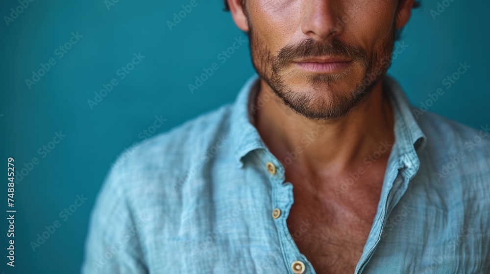 Obraz premium Man with a beard and blue shirt., Close-up of a man's face wearing a blue shirt., A man looking at the camera with his mouth closed., Portrait of a man in a blue shirt and beard..