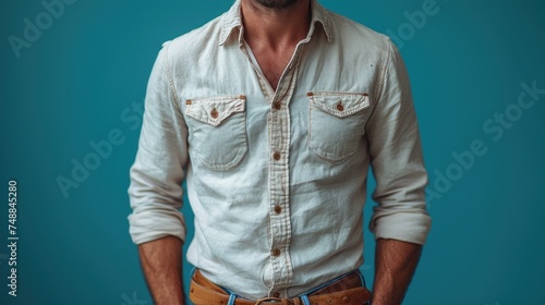 A Man in a White Shirt and Brown Pants, The Casual Dresser, Fashionable Guy with Blue Jeans, Handsome Man in Light-Colored Clothing. photo