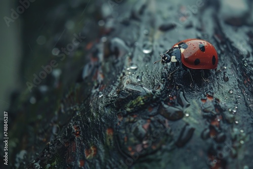 Ladybug on wet tree bark. Macro shot with water droplets. © Julia Jones