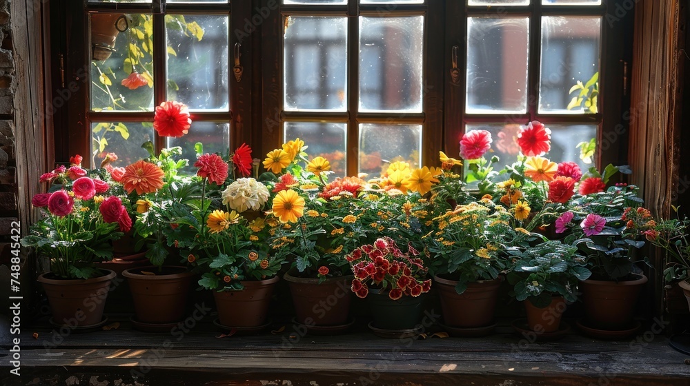 Flowerpots hanging on window sill