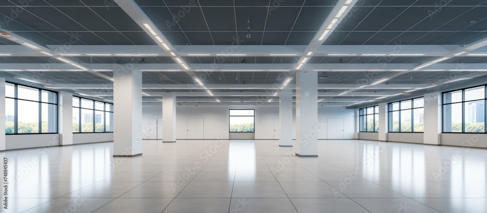 A modern empty office room with white walls and open ceiling design. Large windows let in natural light, creating a bright and airy atmosphere. A modern empty office room with white walls and open ceiling design. Large windows let in natural light, creating a bright and airy atmosphere.