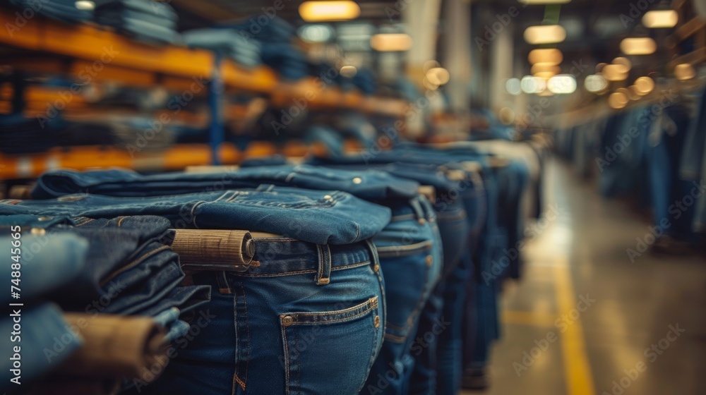 stack of blue jeans in a shop.