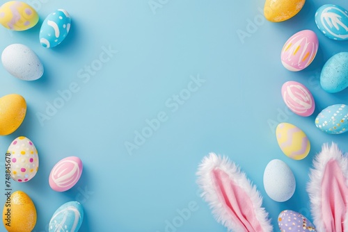 Pastel Easter Eggs with Bunny Ears Headband and Confetti on Blue Background