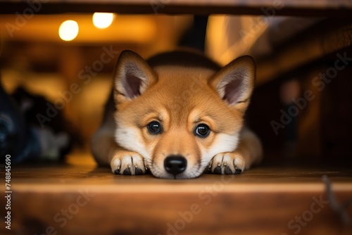 Shiba inu dog standing hiding under deck