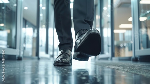 extreme close-up image focusing on a businessman's black office shoe as he is walking through the corridor of a Swedish office setting.