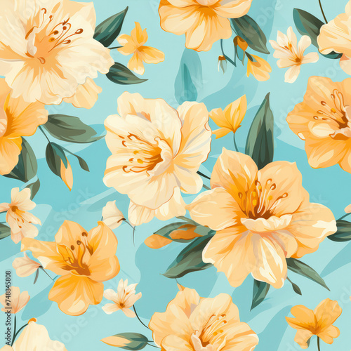 Detailed Illustration of Light Yellow and Orange Daffodils on a Blue Background Seamless Pattern