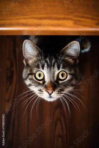 Cute tabby cat under wooden desk. Selective focus. © Obsidian