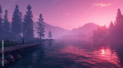 Dusk Serenity by the Lake. A serene landscape featuring a tranquil lake, tall pine trees, and a small wooden dock, under a pink and purple sky. photo