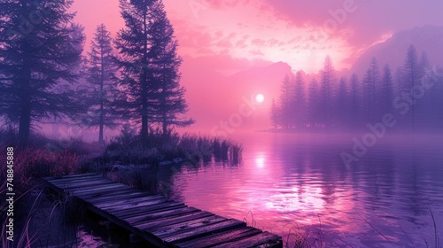 Dusk Serenity by the Lake. A serene landscape featuring a tranquil lake, tall pine trees, and a small wooden dock, under a pink and purple sky. photo