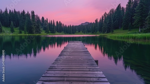 Dusk Serenity by the Lake. A serene landscape featuring a tranquil lake, tall pine trees, and a small wooden dock, under a pink and purple sky. photo