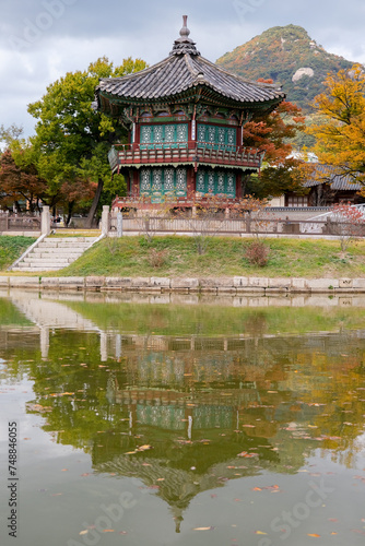 Hyangwonjeong Pavilion with Bugaksan Mountain in the back.