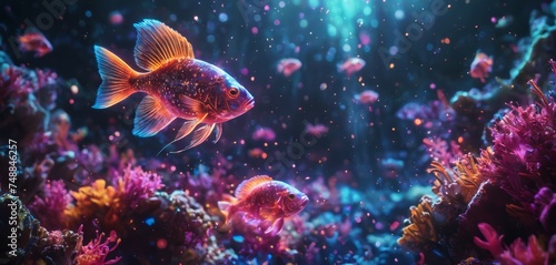 Luminous Fish Explore Seabed Alongside Coral Reefs