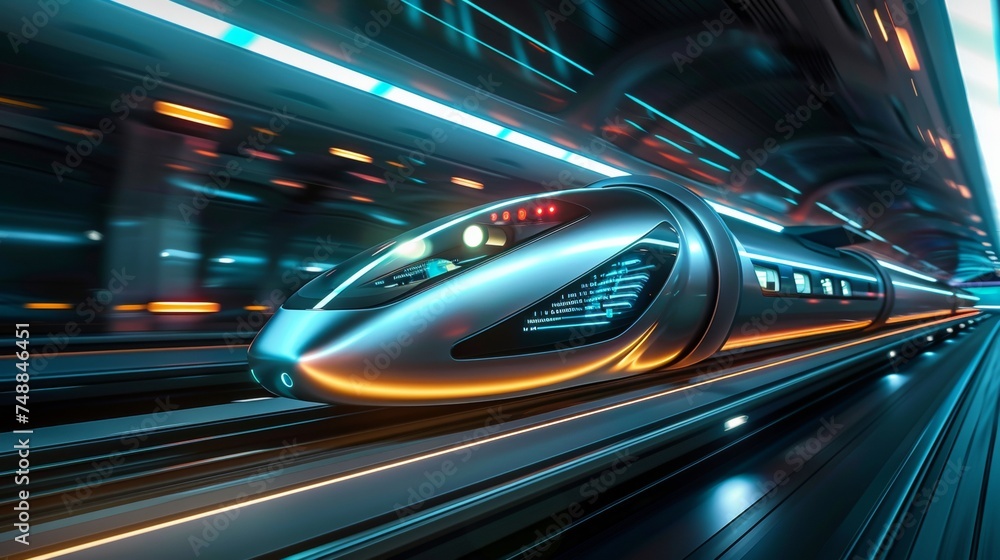 Ultra high-speed train zooms through a dynamic, neon-lit cityscape in a vision of futuristic travel