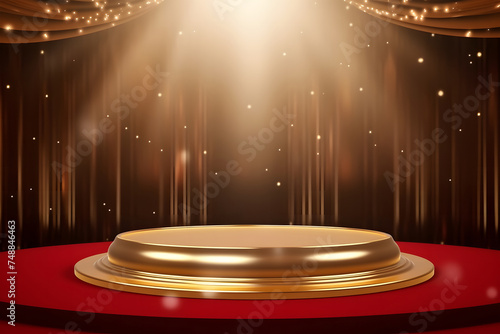 circular stage bathed in a golden spotlight, set against a backdrop of elegant golden curtains adorned with twinkling lights.