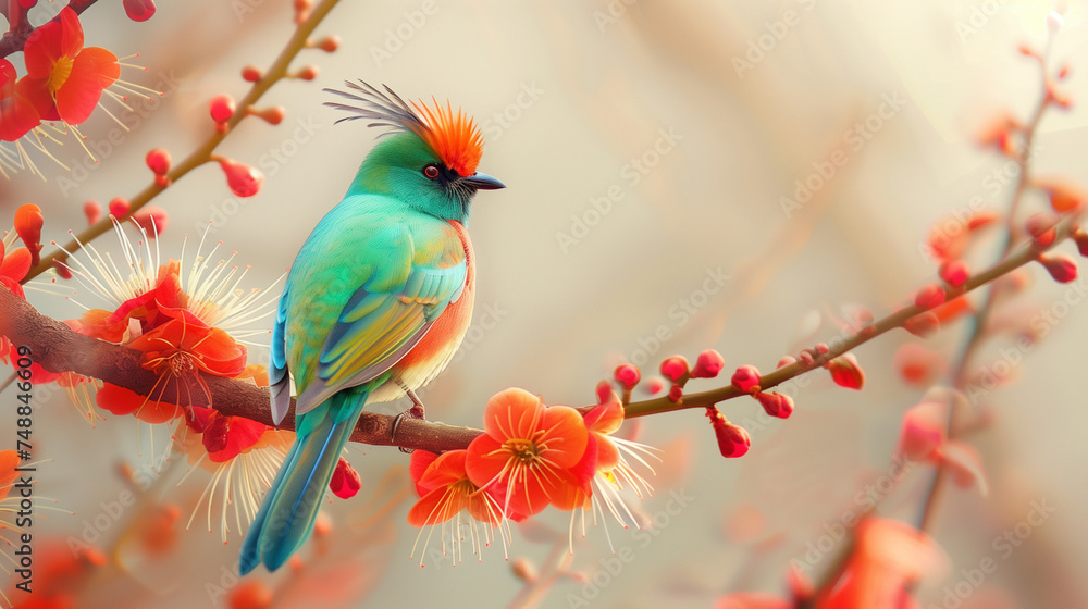 colorful bird on a branch with red flowers. The flowers have long, slender petals. The background is blurred and light-colored