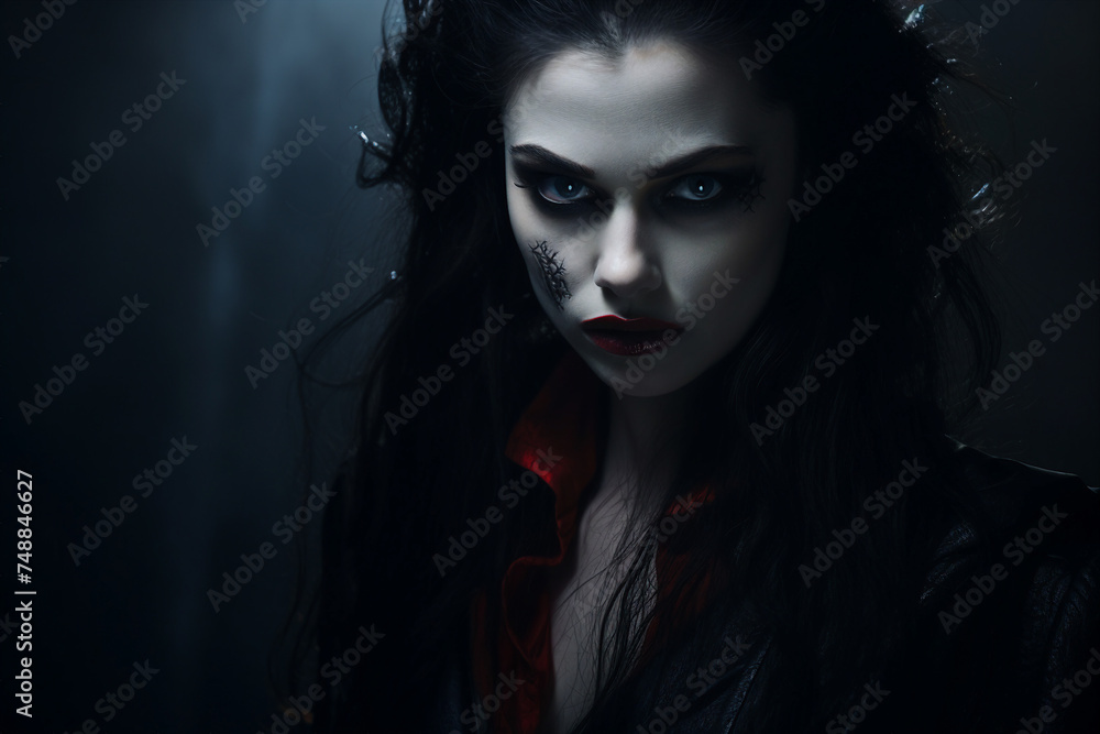 Generative AI illustration image of mysterious creepy scary female vampire halloween night scene