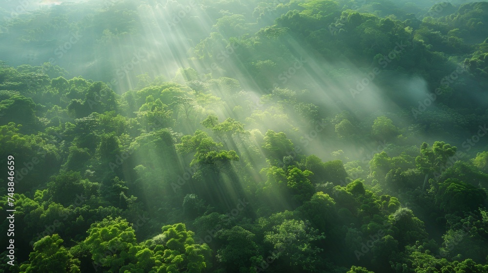 Sun rays pierce through forest canopy, casting a mystical glow over the lush woodland landscape - obrazy, fototapety, plakaty 