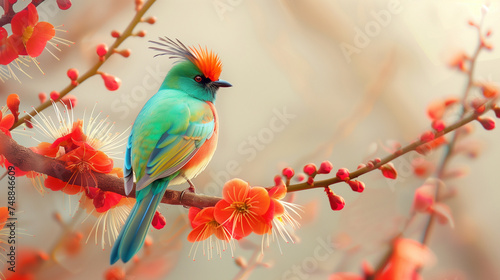 colorful bird on a branch with red flowers. The flowers have long, slender petals. The background is blurred and light-colored © AdamDiezel