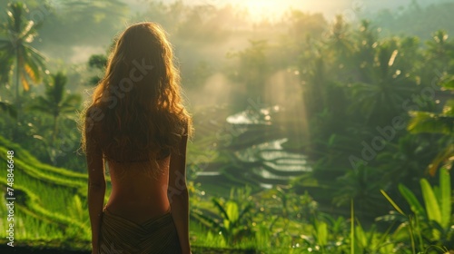 Gorgeous young woman with beautiful hairs on rise terraces in Bali with morning sunlight.