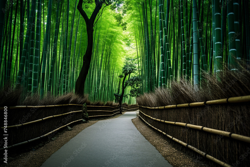 Fototapeta premium A long suspension bridge made of wooden planks extending through a dense forest made with generative AI