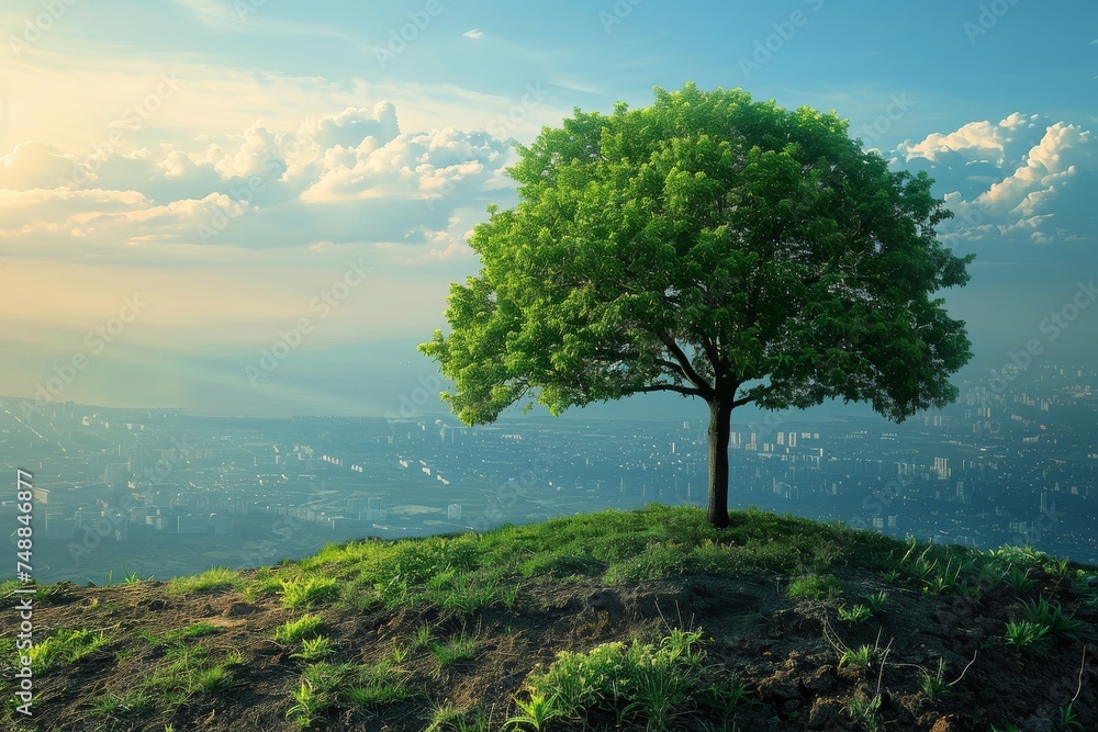 A lone lush tree stands on a hilltop, offering a peaceful contrast to the distant city skyline