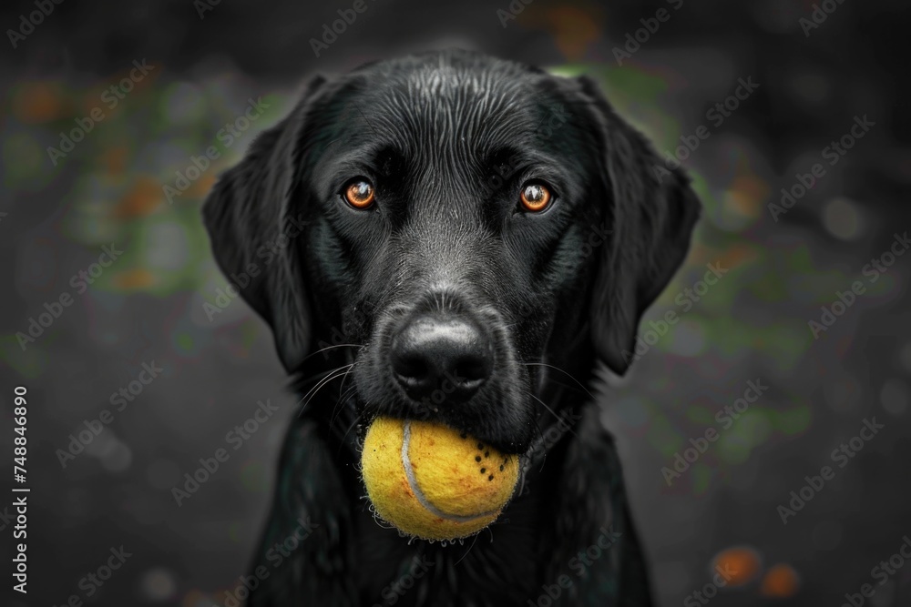 Black Labrador Retriever holding a tennis ball. Black Labrador Retriever holding a tennis ball.