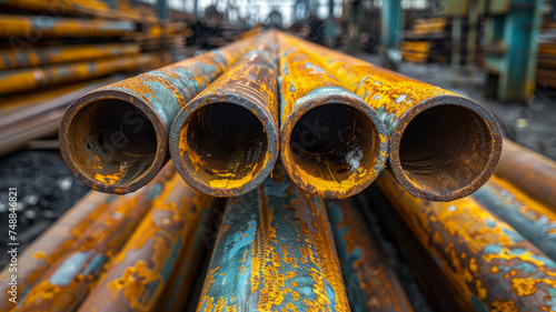 Stack of steel pipes in a metallurgical plant, factory or workshop. Heavy industry and iron materials,generative ai