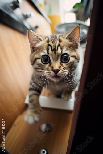 Cute tabby bengal kitten playing in the kitchen shelf.